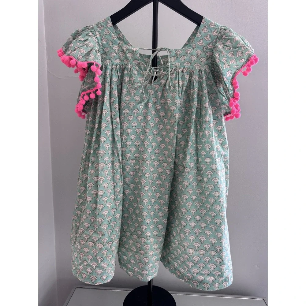 Paisley Magic Girls Dress 5 Green Block Print Pom Trim Boho Cotton India